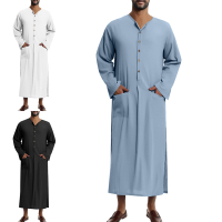 Lelaki lengan panjang kapas jubah Muslim Jubba Thobe butang pepejal Kimono arab Saudi Musulman Tunic Shirt islam arab Kaftan lelaki Abaya