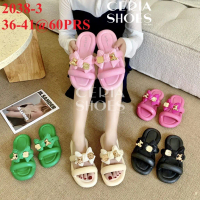 PVC Sandal Slop Jelly Wanita Import BKK Motif Pita Golden Pin Bear Bahan Elastis Empuk Super Soft No