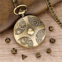 Antique Engraved Gear Cover Pocket Watch Case with Fob Chain 7Pcs/set Metal Polyhedral Dice Game Accessory Gaming Gift