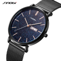 SINOBI Fashion Colorful Universe Sky Men's Watch Calender Week Women Quartz Wristwatches Mesh Stainless Steel Couple Watch Reloj