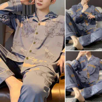 Men Pajama Set Men Sleepwear Set Men's Plaid Print Pajama Set with Long Sleeve Shirt Elastic Waist Pants Casual for Spring