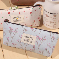 Cute Kawaii Floral Flower Canvas Zipper Pencil Cases Lovely Fabric Flower Tree Pen Bags School Supplies
