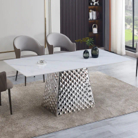 【AT HOME】5.3尺白色雪山白岩板鐵藝餐桌/工作桌/洽談桌 現代設計(金鑽)