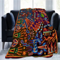 Mexican Mayan Tribal Oaxaca Mexico Boho Huichol Yarn Fork Line Drawing Colorful Painting Otomi Art Flannel Blanket