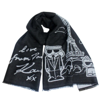 【KARL LAGERFELD 卡爾】巴黎鐵塔&amp;貓咪圖案披肩圍巾(黑)