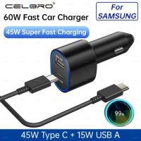 60W 2 Port Original Type C Super Fast Car Charger For Samsung S23 Ultra USB 45W PD Carregador For Galaxy S22 S21 Note 20 Tab S8
