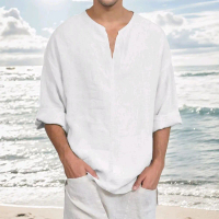 Baju linen kekinian pria longgar kemeja v -neck pria outfit summer simple kemeja pria Korea.( Putih/