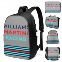 Funny Graphic print Williams Martini racing USB Charge Backpack men School bags Women bag Travel laptop bag