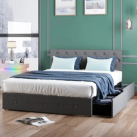 King Size Platform Bed Frame with 4 Storage Drawers,Button Tufted Design,for indoor bedroom furniture