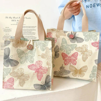 1pc Butterfly Print Thermal Food Picnic Lunch Bags Women Portable Lunch Box Insulated Canvas Lunch Bag Kids Lunch Box Tote