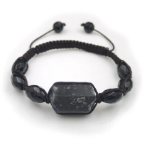 Black Tourmaline Point Agate Faceted Chubby Beaded Bracelet Hand-knitting Centipede Knot 6-8 Inches