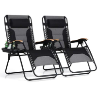 Tourist Folding Chair Portable Foldable Patio Recliner Support 400 LBS (Black) Nature Hike Oversized Padded Zero Gravity Chair