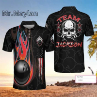 3D Printing Bowling Skull Short Sleeve Custom Polo Shirt Personalized Skull American Flag Polo Shirt Best Bowling Shirt For Men