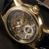 MG. ORKINA Luxury Clock Men Leather Belt Retro Black Golden Skeleton Dial Relogio Male Masculino Mechanical Automatic Watch