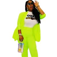 New Solid Colors V-Neck Casual Office Blazer Pants Suit with Elastic Band Plus Size Fluorescent Green Blazer Two Piece Set Women