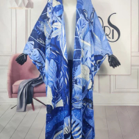 2023 Europe New Fashion Boho Summer Beach Silk Printed Loose Kaftan Maxi Dress Kuwait Free Size Muslim Lady Long BouBou Caftan