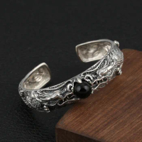 Wholesale S925 Sterling Silver Jewelry Thick Domineering Retro Thai Silver Inlaid Double God Dragon Men's Open Ended Bangle