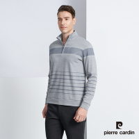 Pierre Cardin皮爾卡登 男款 拉鍊立領定位條紋長袖polo衫-灰色(5225208-95)