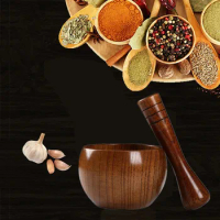 1 Set Wooden Garlic Mortar and Pestle Grinder Spice Pepper Herb Mixing Grinding Bowl Mashing Medicine Pot Pounding Garlic Jar