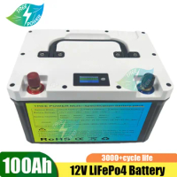 LiFEPO4 12V 100AH rechargeable lithium iron battery pack with BMS for interview solar panel UPS+ 10A charger