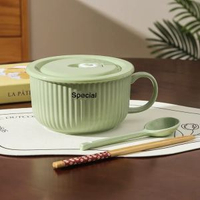 全城熱賣 - 忌廉風陶瓷泡麪碗家用帶蓋保鮮飯碗可微波爐學生手柄碗上班便當盒（抹茶綠）6英寸泡麪碗+保鮮蓋+綠長勺+筷子 1000ml