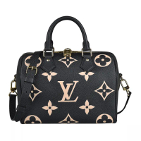 【Louis Vuitton 路易威登】LV Speedy壓印LOGO Monogram Empreinte牛皮拉鍊手提/斜背波士頓包(黑)