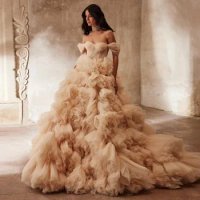 Elegant Off Shoulder Layered Tulle Ball Gown Champagne Fluffy Evening Dresses With Train Puffy Ruffled Prom Dress For Bridal