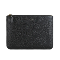 【Comme Des Garcons CDG】母親節禮物 COMME DES GARCONS 川久保玲LOGO拉鍊小牛皮特殊壓紋手拿包(大/黑)
