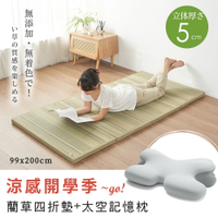 涼感開學季 【單人3尺】南風-藺草四折疊床墊 + 時尚太空記憶枕x1 ( 2件組)