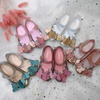 Princess Girl Shoes Sandals Pink Metallic Sequins Stereo Butterfly Shoes Summer Rhinestone Jelly Girls' Beach Sandals