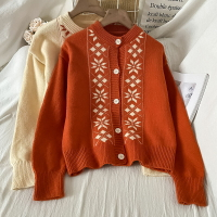毛衣女外穿秋冬款年新款橘色提花高級感氣質長袖針織開衫外套