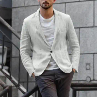 Cotton Linen Slim Blazer For Men Solid Color Long Sleeve Pockets Summer Blazer Coat Thin Male Casual Jacket Business Men Blazer