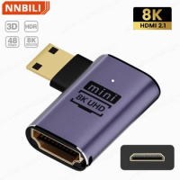 8K left corner mini HDMI male to HDMI 2.1 NNBILI female UHD expansion gold converter adapter supports 8K 60Hz HDTV