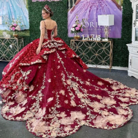Sparkly Red Spaghetti Strap Luxury Quinceanera Dress 2024 Ball Gown Charro Mexican Appliques Flower Beads Dress vestido de 15