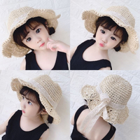 寶寶草帽夏季女孩遮陽帽1--2歲兒童蕾絲蝴蝶結防曬涼帽沙灘太陽帽