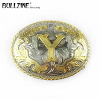The Bullzine western flower with letter "Y" belt buckle with silver and gold finish FP-03702-Y for 4cm width snap on belt