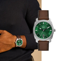 【FOSSIL 官方旗艦館】Machine 簡約經典碧綠手錶 棕色真皮錶帶 42MM FS6085