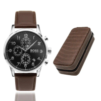 【BOSS】白鋼殼 黑面 咖啡色皮革錶帶 三眼計時男錶(1513494)