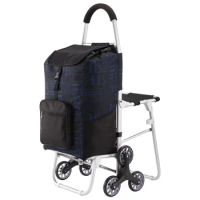 Shopping Cart with Stool For Elder Portable Grocery Cart Strolley Foldable Trolley with Six Wheels Trailer Oxford Stotage Bag