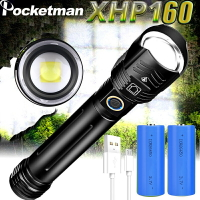 強大的 XHP160 LED 手電筒 USB 可充電可變焦手電筒，適合野營釣魚