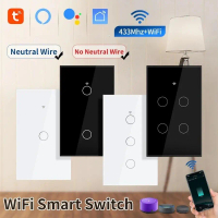 Tuya Smart Wifi Wall Touch Switch No Neutral Wire Required Wireless Remote Control Switch 4Gang Home