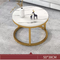 簡約圓桌茶幾（白色大理石紋+金色架）【尺寸：長50cm*寬50cm*高38cm】 