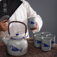 手繪陶瓷提梁壺功夫茶具套裝家用餐廳大容量涼水壺帶過濾泡茶壺杯 茶具組 泡茶器具