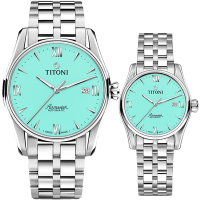 TITONI 梅花錶 空中霸王系列 AIRMASTER 機械情侶手錶 對錶-湖水藍 83908 S-691+23908 S-691