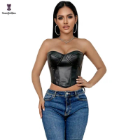 Strapless Faux Leather Camisole Vest 12 Fish Boned Padded Cup Corset Crop Top Bra Bustier With G String Size S-xxxl