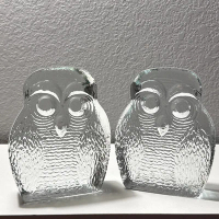 VTG MCM 1960s Pair Blenko Art Glass Owl Bookends by Joel Meyers 7 x 5.5 x 1.5"