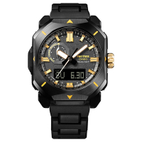 CASIO卡西歐 PRO TREK  歡慶經典 CASIO WATCH 50TH 手錶50周年紀念 閃耀黑金 電波 太陽能電力 PRW-6900ZE-1_44.8mm