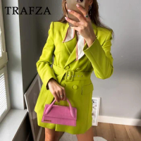 TRAFZA 2023 Autumn Winter Women Office Lady Belt Blazer Fashion Casual Solid Elegant Double Breasted Loose Long Blazer For Women