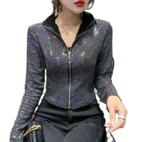 Flash Sequined Short Coat Women's Spring Autumn Jacket 2024 New Design Joker zipper Slim Bottoming Shirt tops Female Outerwear