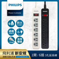 【Philips 飛利浦】1開6座延長線 1.8M 兩色可選-CHP2460